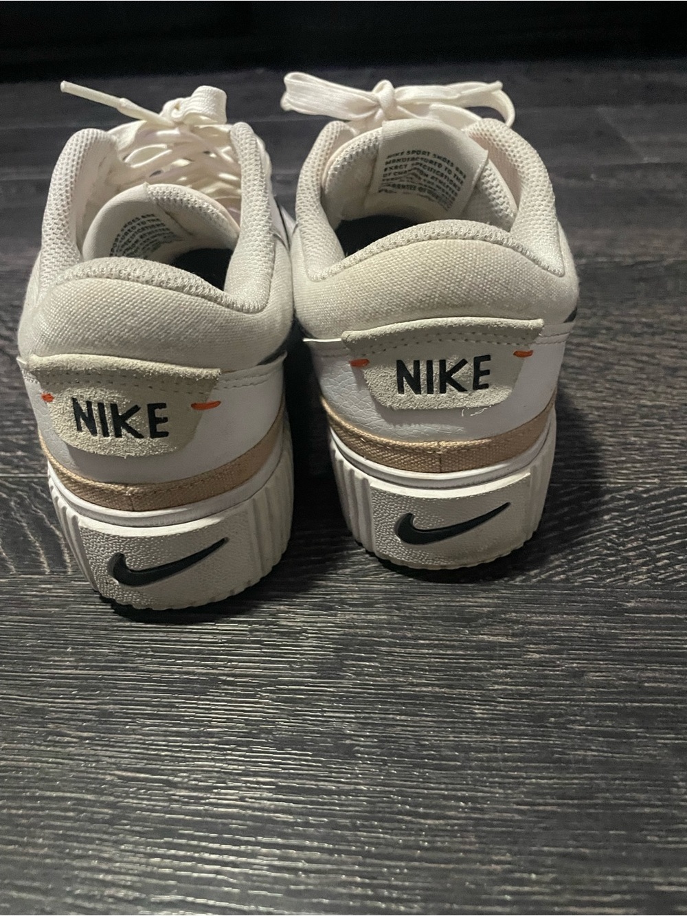 Nike White Low-Top Sneakers Platform sole with Black Swoosh and Tan Stripe - Picture 5 of 8